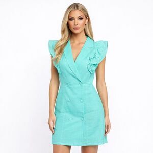Strut & Bolt Turquoise Ruffle Sleeve Linen Blend Mini Dress Size S Coastal